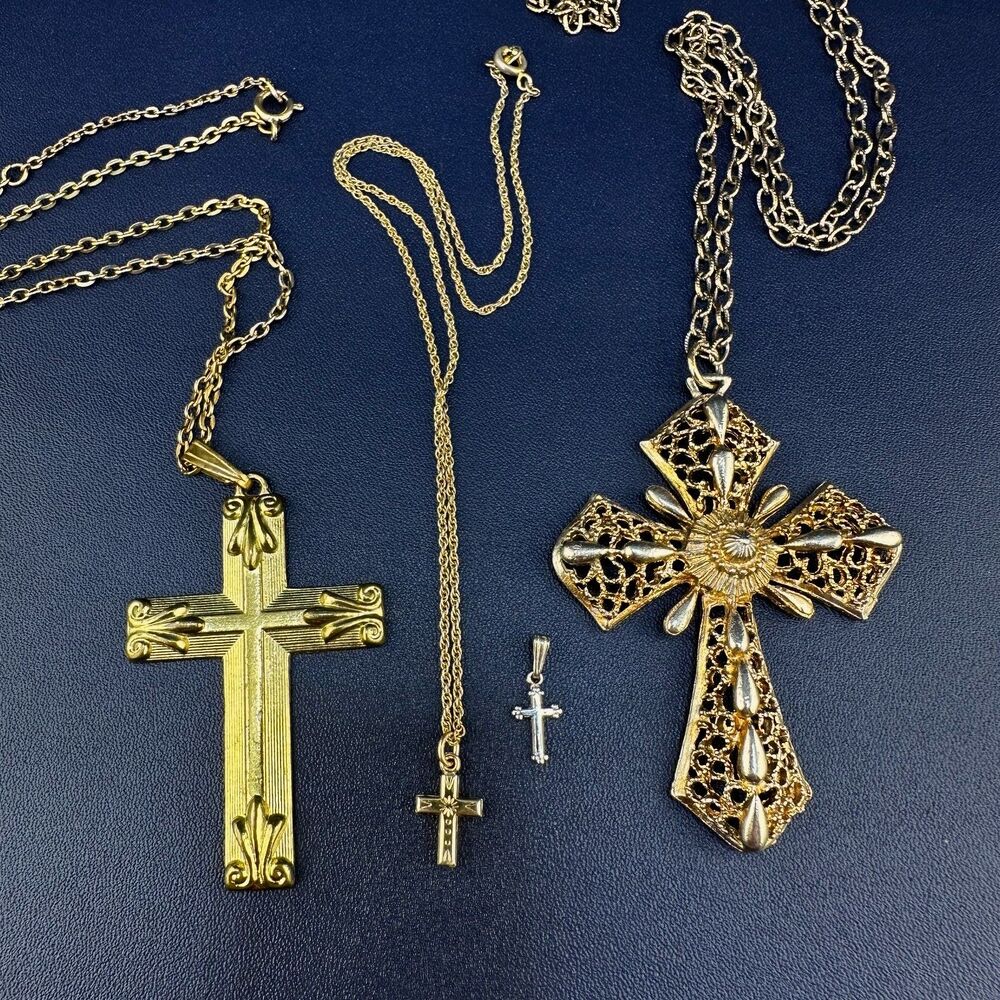 Vintage Cross Pendant Necklace Lot Gold / Silver Tone Filigree Etched Religious